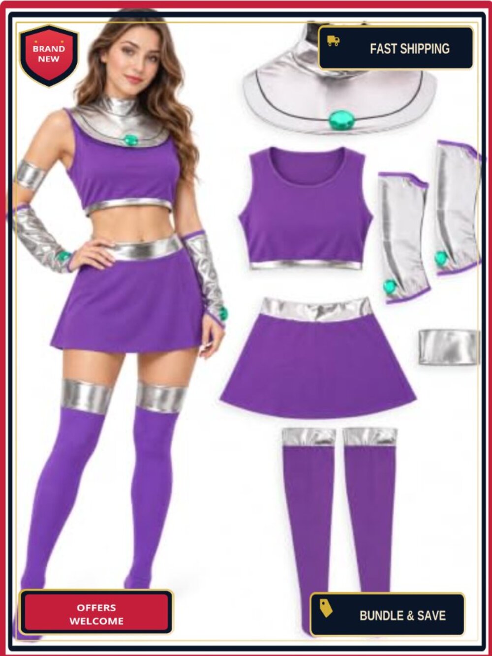 Women's Starfire Cosplay Costume 6-Piece French Terry Spandex Halloween Set